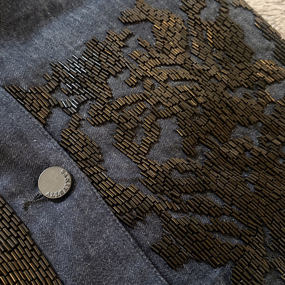 All Saints Hand Embellished Dark Wash Denim Pencil Skirt - Picture 7 of 15